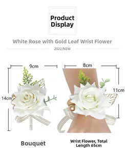 White silk rose boutonniere and wrist corsage set with gold leaves and pearl accents