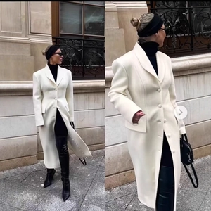 Slim fit long white wool coat for women featuring a classic lapel and single-breasted design