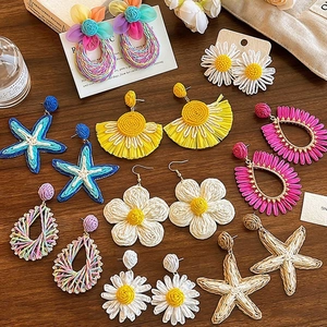 Colorful Woven Flower Raffia Earrings Beach Vacation Style Bohemian Handmade Jewelry For Women Fashion