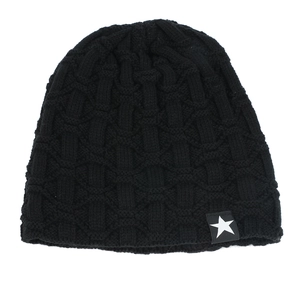Close-up of black cable knit beanie with fleece lining and five-star woven label