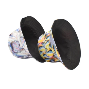 Reversible 3D print bucket hat with colorful tie-dye patterns and black inner layer