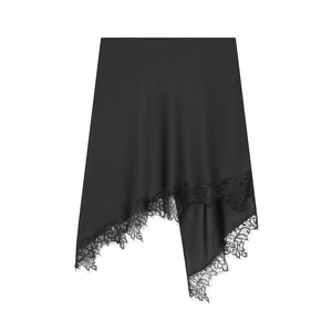 Women's black satin midi skirt with irregular hem and delicate black lace trim detailing