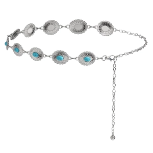 Elegant bohemian silver chain belt featuring turquoise floral discs with adjustable links