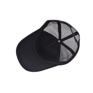 Top view of black mesh trucker hat interior showing breathable structure and stitching