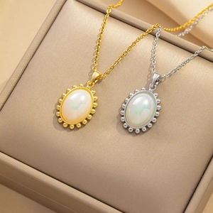 Oval Mother Of Artificial Pearl Pendant Necklace Stainless Steel Iridescent Shell Beaded Border Jewelry For Women