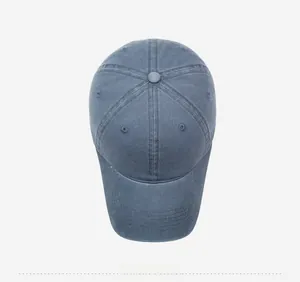Top down view of washed vintage cotton baseball cap with classic six-panel structure