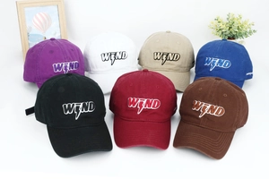 Flat lay of colorful cotton baseball caps featuring WIND embroidery and lightning motif