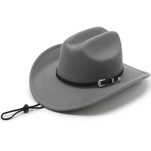 Detailed side view of grey felt cowboy hat featuring silver buckle and adjustable strap
