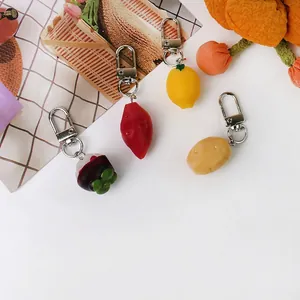 Realistic Simulation Fruit Vegetable Keychain Resin Metal Mangosteen Potato Lemon Shaped Cute Cartoon Novelty Bag Pendant Gift