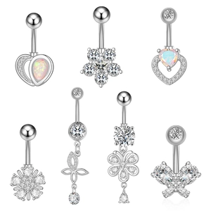 Seven silver zircon and opal belly button rings in heart, flower, and butterfly shapes