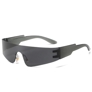 Frameless dark grey Y2K punk sports sunglasses with wrap-around lens and 45-degree angle