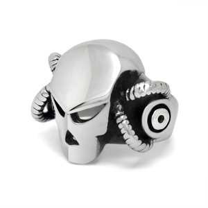 Gothic mechanical skull ring in silver stainless steel with ram horns on white background