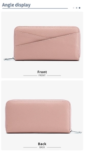 Front and back views of pink litchi leather long wallet with silver zipper and paneling