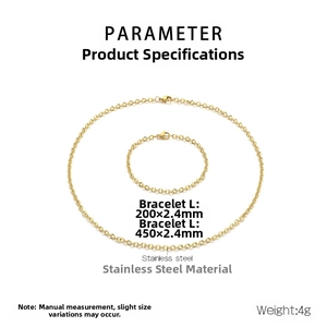 Detail showing gold stainless steel necklace and bracelet set with size measurements