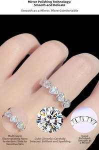 Detailed macro view of S925 silver ring featuring heart-cut cubic zirconia and nano-plating