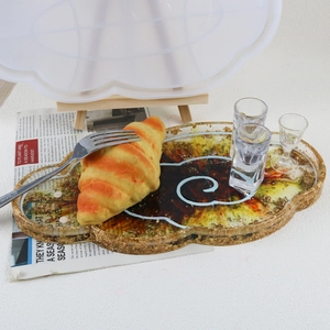 Cloud shaped silicone mold for resin tray with wooden stand and gold foil decor