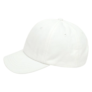 Detail of white cotton baseball cap showing six-panel stitching and breathable eyelets