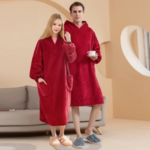 Oversized double-layered red flannel hoodie blanket for couples with cozy front pocket