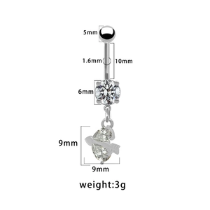 Tableau de tailles détaillé pour piercing de nombril en acier avec mesures de zircone
