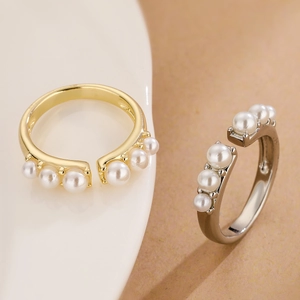 Minimalist Geometric Adjustable Open Ring Copper Gold Plated With White Faux Artificial Pearls Retro Elegant Jewelry For Women