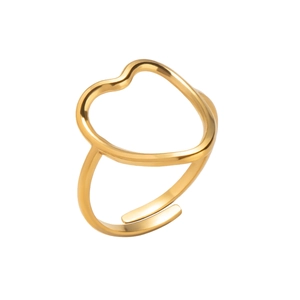 Close-up of golden minimalist open heart ring with high-polish metallic finish