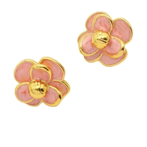 Elegant camellia flower stud earrings in gold and pink enamel for women