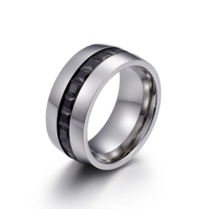 Modern wide band ring in silver steel with a full row of square-cut black zircon stones