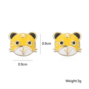 Cartoon tiger head stud earrings in 18k gold plated copper with yellow enamel finish