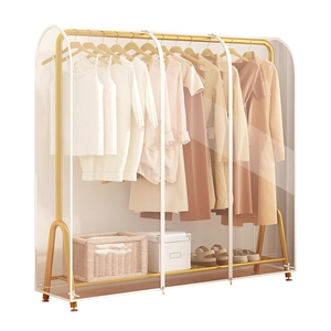 Translucent waterproof garment rack cover with zipper and gold metal clothing stand
