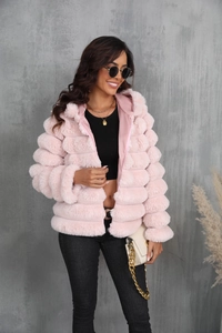 Detail of pink faux fur hooded jacket with zipper closure and striped texture