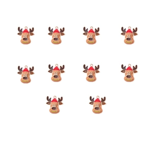 Set of 10 brown enamel reindeer head charms with red Christmas hats for DIY jewelry