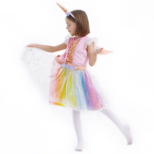 Girl unicorn cosplay costume with rainbow mesh tutu dress and shiny wings and headband