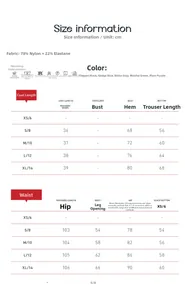 Guía de tallas para conjunto de yoga con medidas para sujetadores deportivos y pantalones
