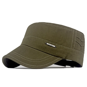 Detail of army green cotton cadet hat featuring metal plaque and durable stitched canvas