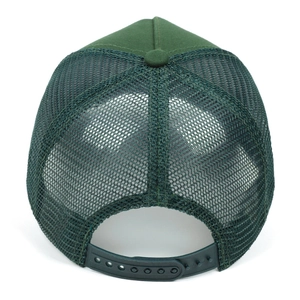 Detail view of dark green trucker hat with breathable mesh and adjustable snapback closure