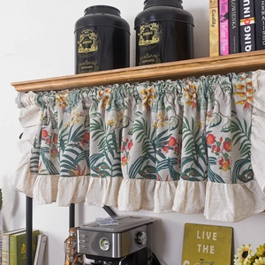 Floral kitchen cafe curtain with green leaves and ruffles for windows and cabinets