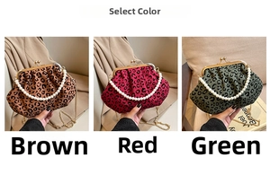 Three leopard print shell bags in brown, red, and green with pearl and metal chain straps