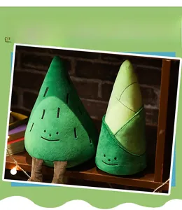Detail of plush bamboo shoot toy with cute embroidered face on a wooden shelf