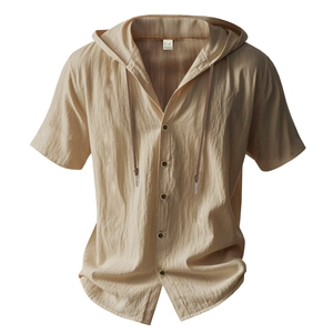 Detail of khaki linen short sleeve hoodie showing fabric texture and inner wash label