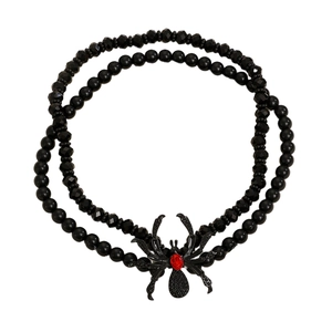 Gothic double-layered black beaded necklace with a red rhinestone spider pendant