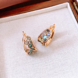 18K gold plated U-shaped vintage earrings with mosaic mother of pearl and zircon