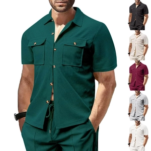 Men's waffle knit shirt and pants sets shown in dark green, black, beige, and various colors