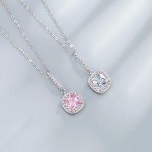Elegant 925 sterling silver square pendant necklace with pink and clear zircon stones