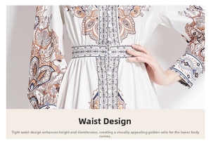 Detailansicht des Retro-Taillendesigns und Vintage-Ethnprints auf dem V-Ausschnitt Kleid