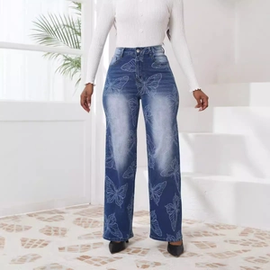 Jean femme taille haute bleu à jambes larges avec imprimé papillon et coupe droite ample