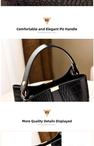 Detail of crocodile pattern PU leather handle and metal buckle on black bucket bag