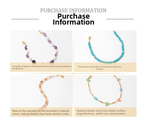 Detail view of natural stone bracelets with amethyst, turquoise and gold beads