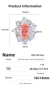 Detail view of pink oval carbon diamond ring in S925 silver with 21.8x23.7mm dimensions