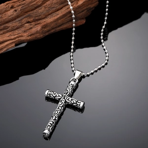 Vintage silver cross necklace with tribal patterns on a beads chain, punk hip hop style