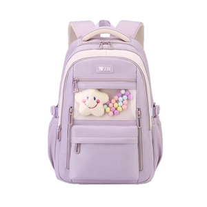 Purple and beige student backpack with clear PVC window for plush doll display